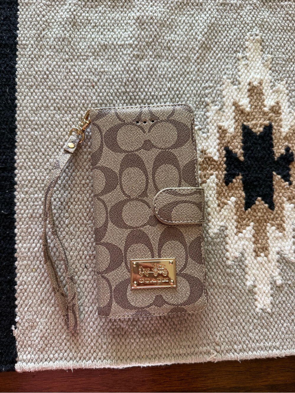 Coach Brown Signature Canvas Wristlet Phone Case with Gold Plaque